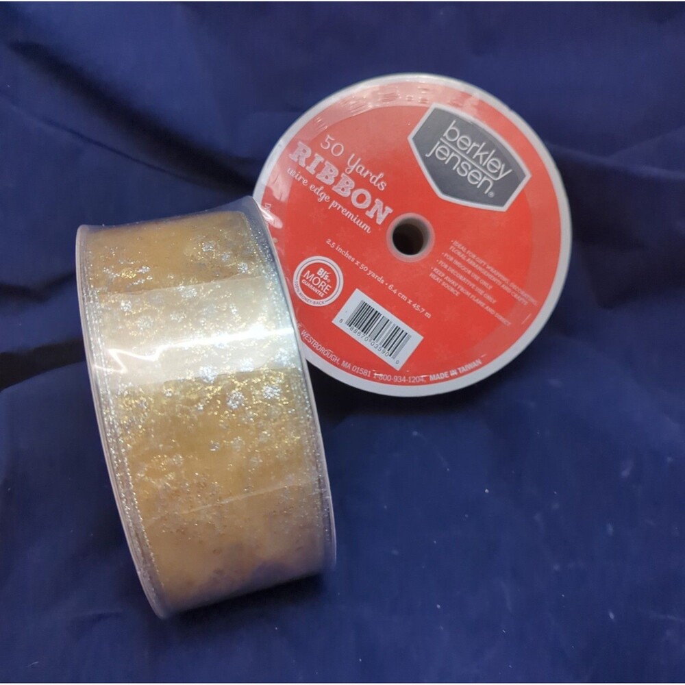 2 - Berkley Jensen Wired Edge Premium Ribbon  Gold  Snowflake  2.5" X 50 Yards